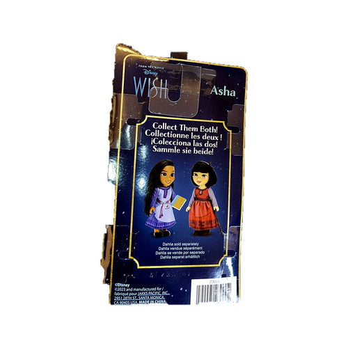 Disney Wish Asha doll figure packaging back panel close-up, with Dahlia companion doll shown
