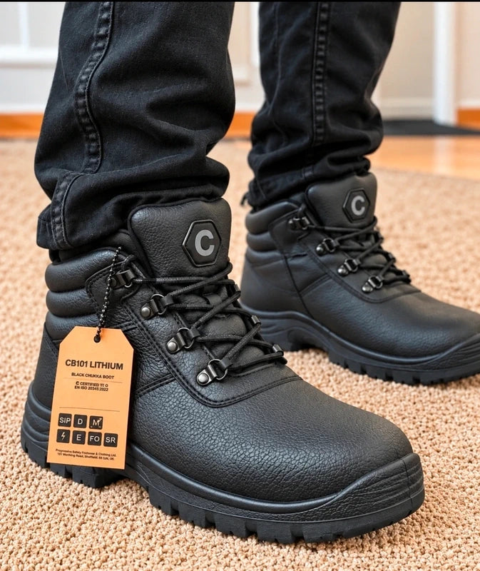 Contractor CB101 Lithium black safety chukka boots being worn, with swing tag