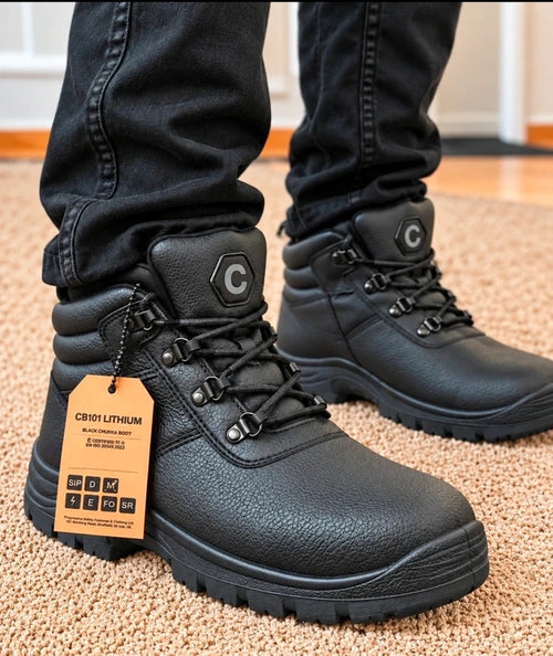 Contractor CB101 Lithium black safety chukka boots being worn, with swing tag