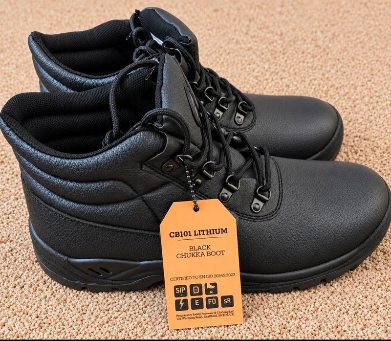 Pair of Contractor black leather safety chukka boots, side view with tag