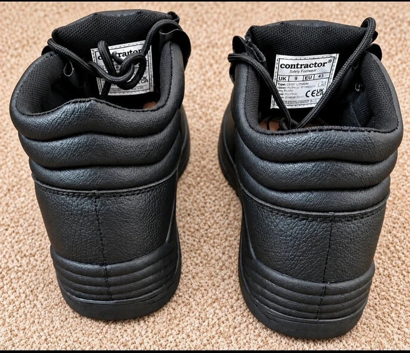 Back view of Contractor safety boots showing padded collar and size labels
