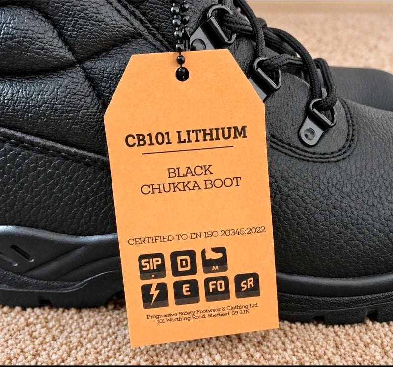 Contractor CB101 Lithium swing tag: black chukka boot, S1P, certified to EN ISO 20345:2022