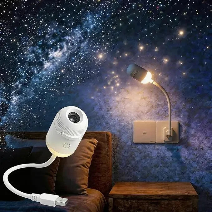USB star projector on a flexible neck casting a starry night sky across a living room wall