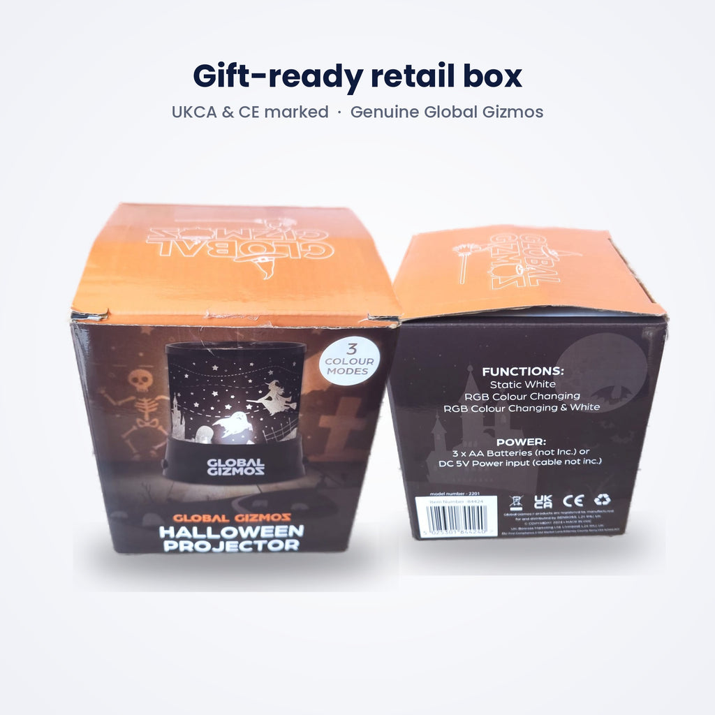Global Gizmos Halloween Projector retail gift box, front and back, UKCA and CE marked