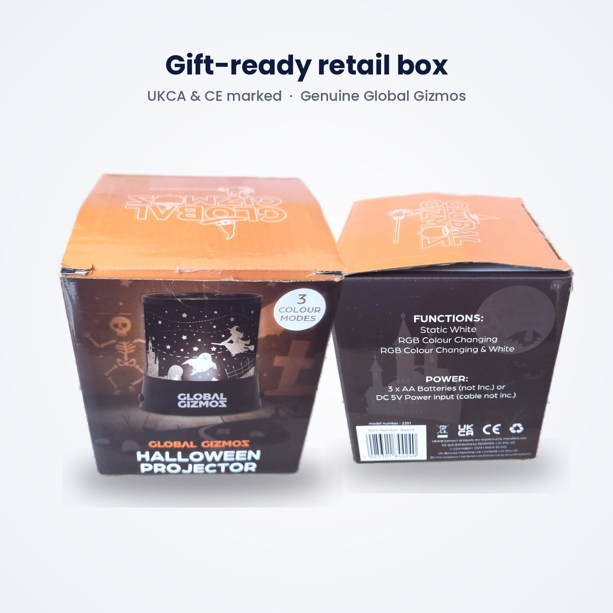 Global Gizmos Halloween Projector retail gift box, front and back, UKCA and CE marked