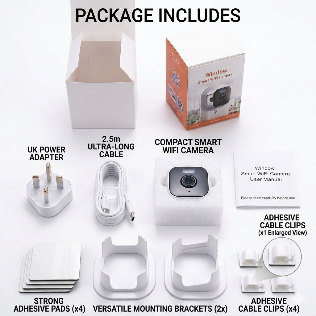 Window security camera box contents: camera, mounts, UK plug, 2.5m cable, adhesive pads and cable clips