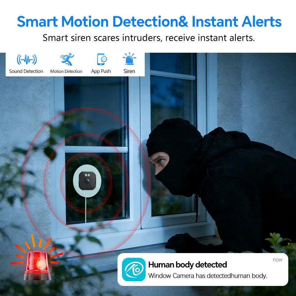 Window camera smart motion detection and siren deters intruders