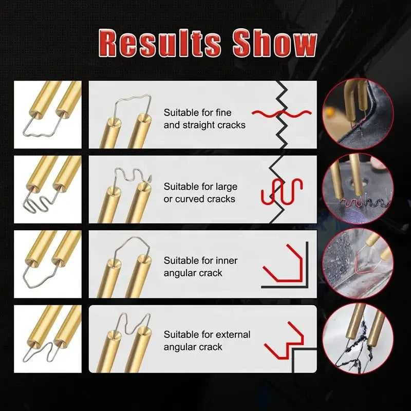 Plastic welder results: staple types for straight, curved and angled cracks