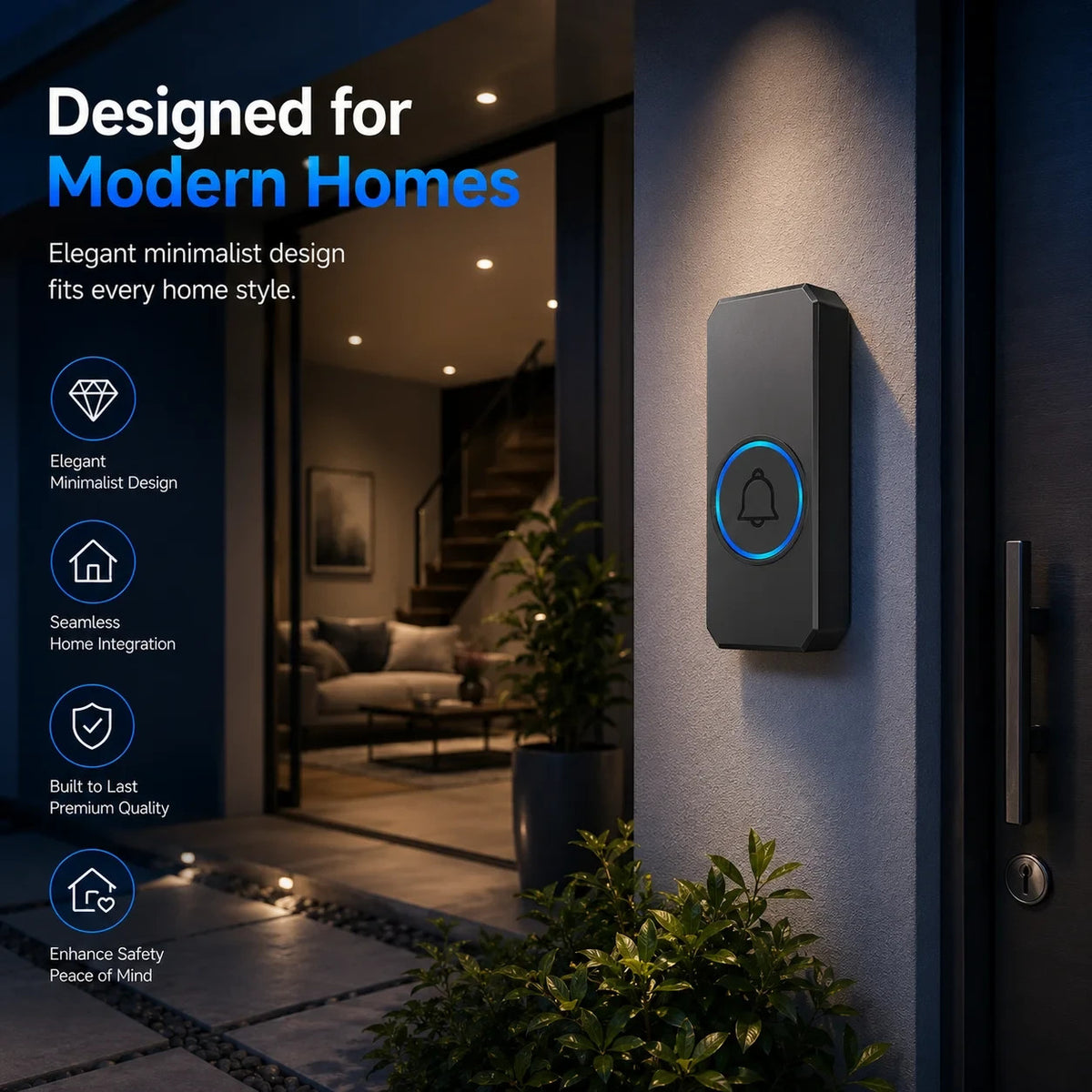 Black wireless doorbell button mounted by front door