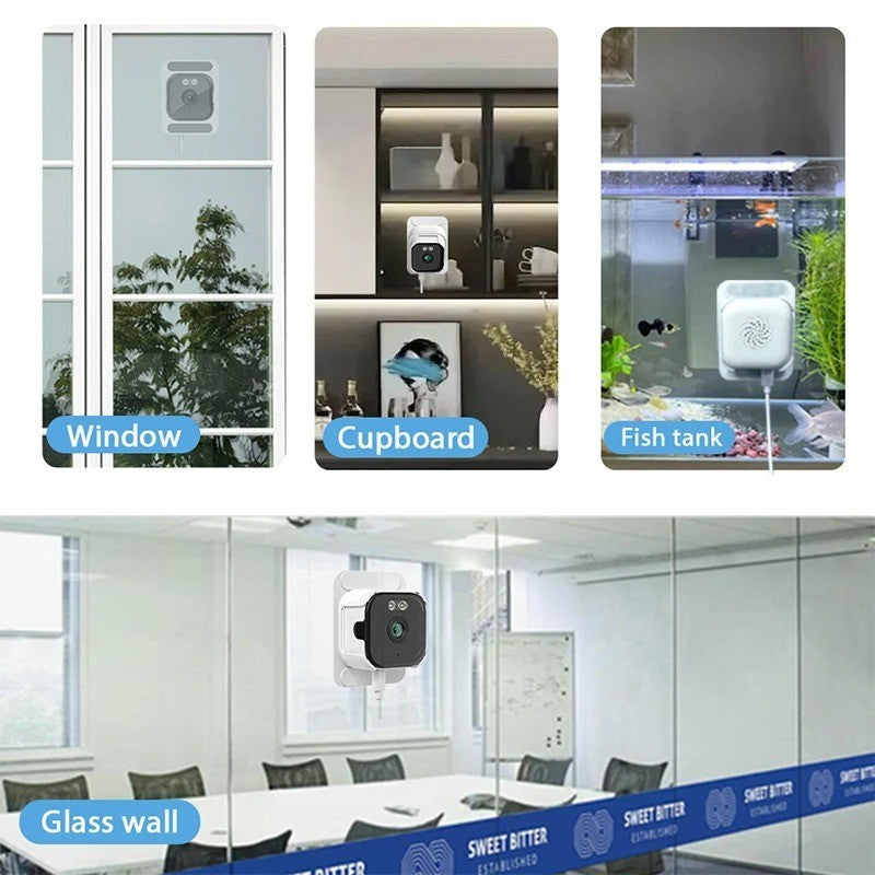 Window camera mounted on window, cupboard, fish tank and glass wall