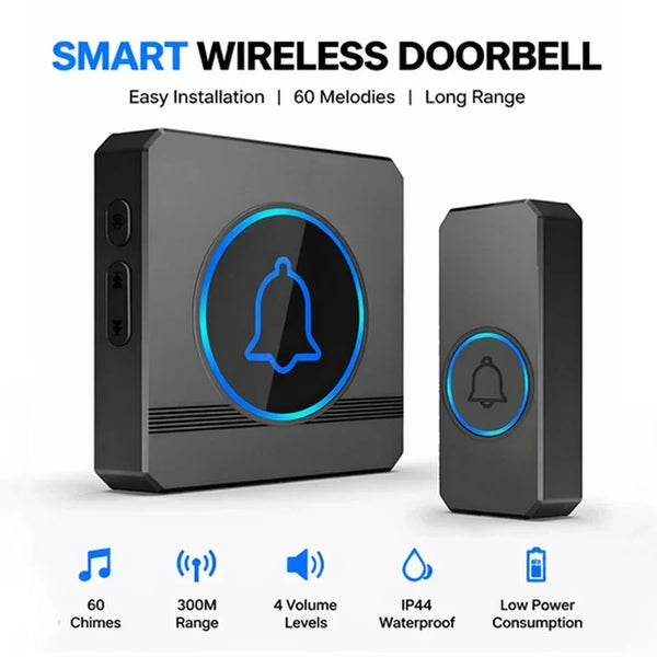Wireless Doorbell – Plug-In, Waterproof, Up to 300m Range, 60 Chimes – Black