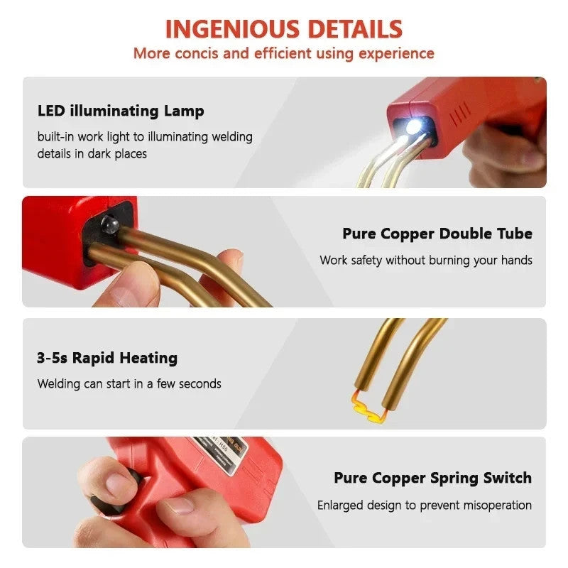 Plastic welder details: LED lamp, copper tips, 3-5 second heating, spring switch