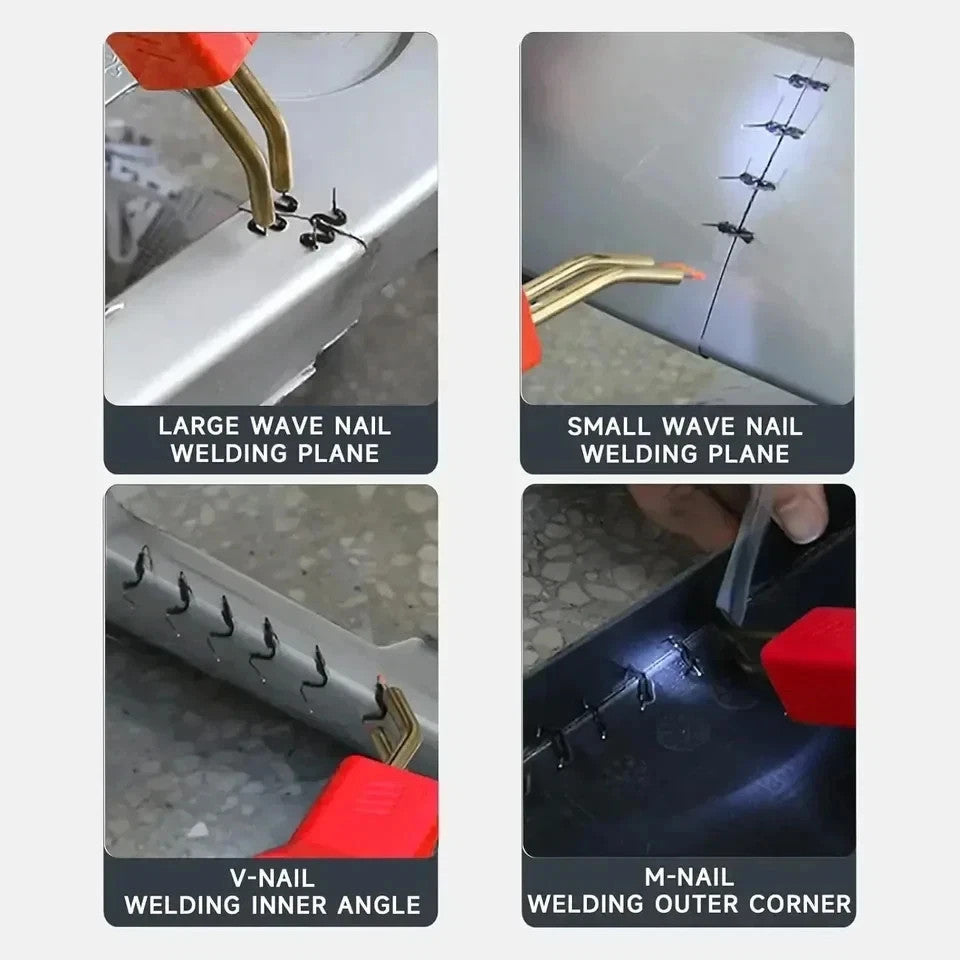 Plastic welder staple types: wave, V and M staples for flat, inner and outer corners