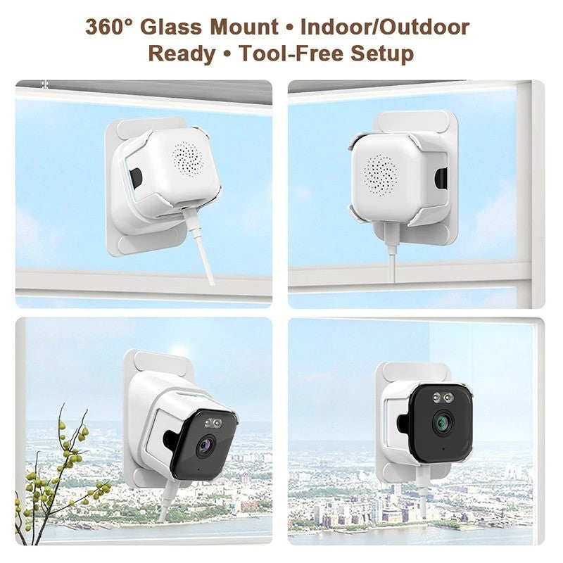 360 degree glass mount, tool-free setup, window camera indoor and outdoor views