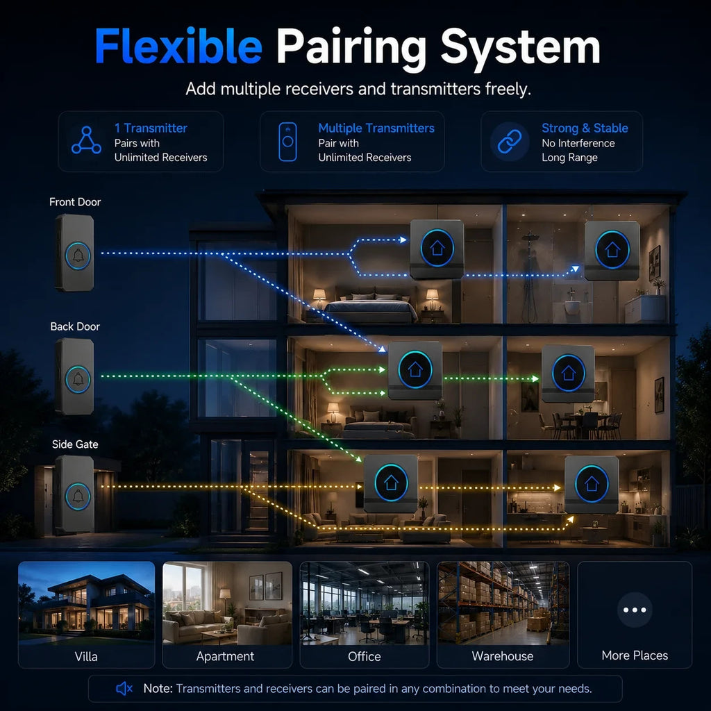 Wireless doorbell flexible pairing for multiple doors