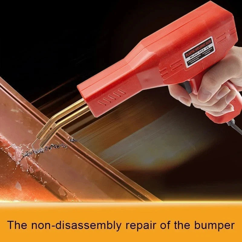 Hot stapler repairing a cracked car bumper without removing it