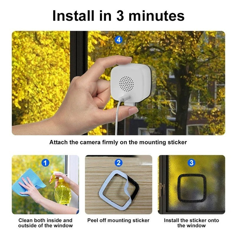 Install the window camera in 3 minutes: clean glass, peel sticker, attach