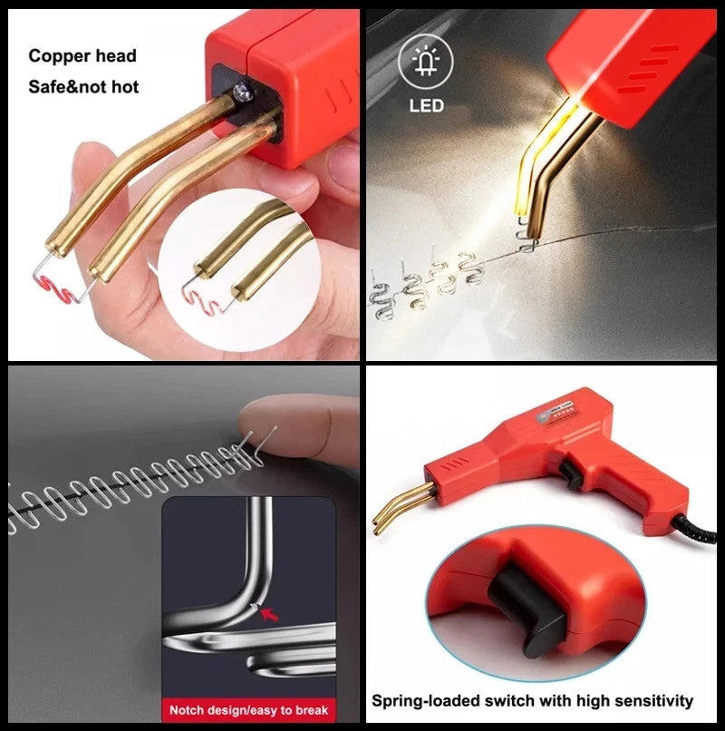 Hot stapler copper head, LED light and spring-loaded switch close-up