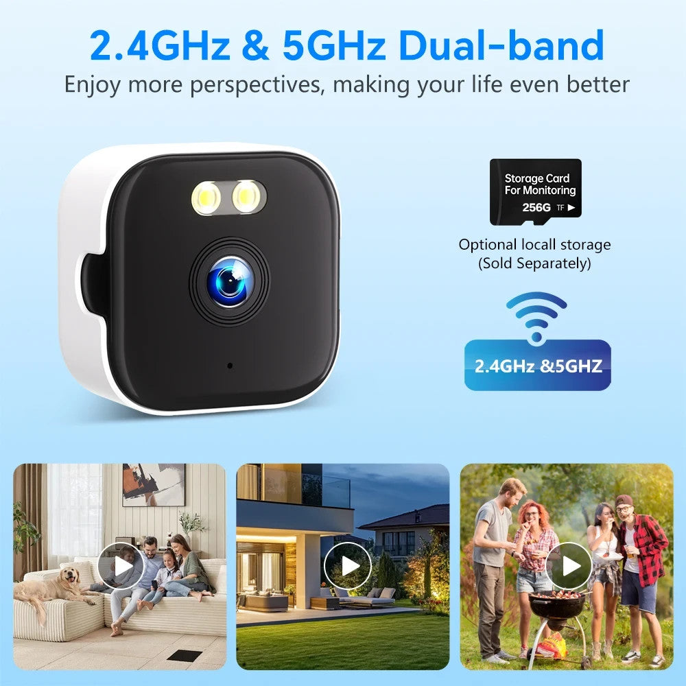 Dual-band 2.4GHz and 5GHz WiFi window camera with microSD card storage